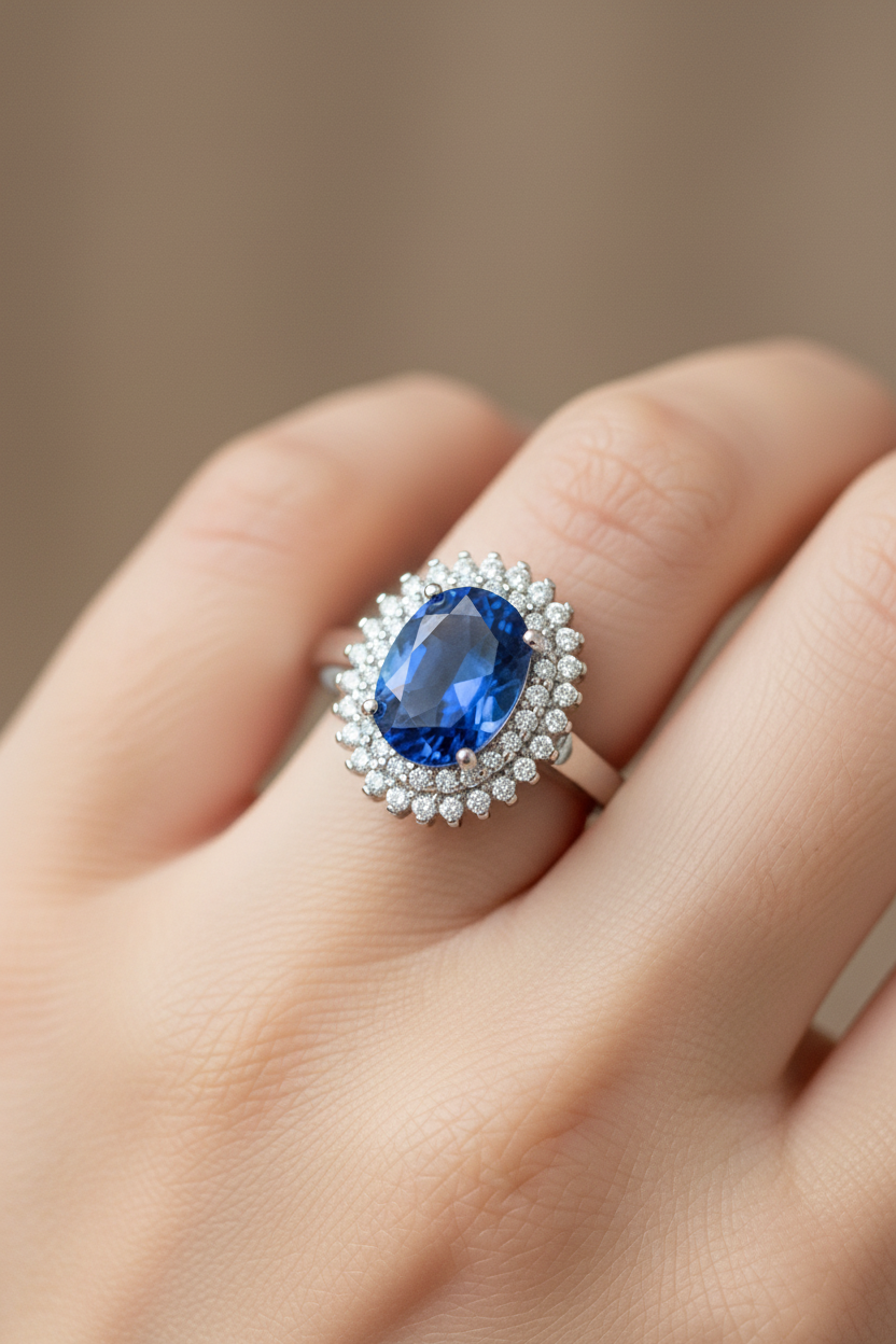 Sapphire & White Cubic Zirconia Silver Ring