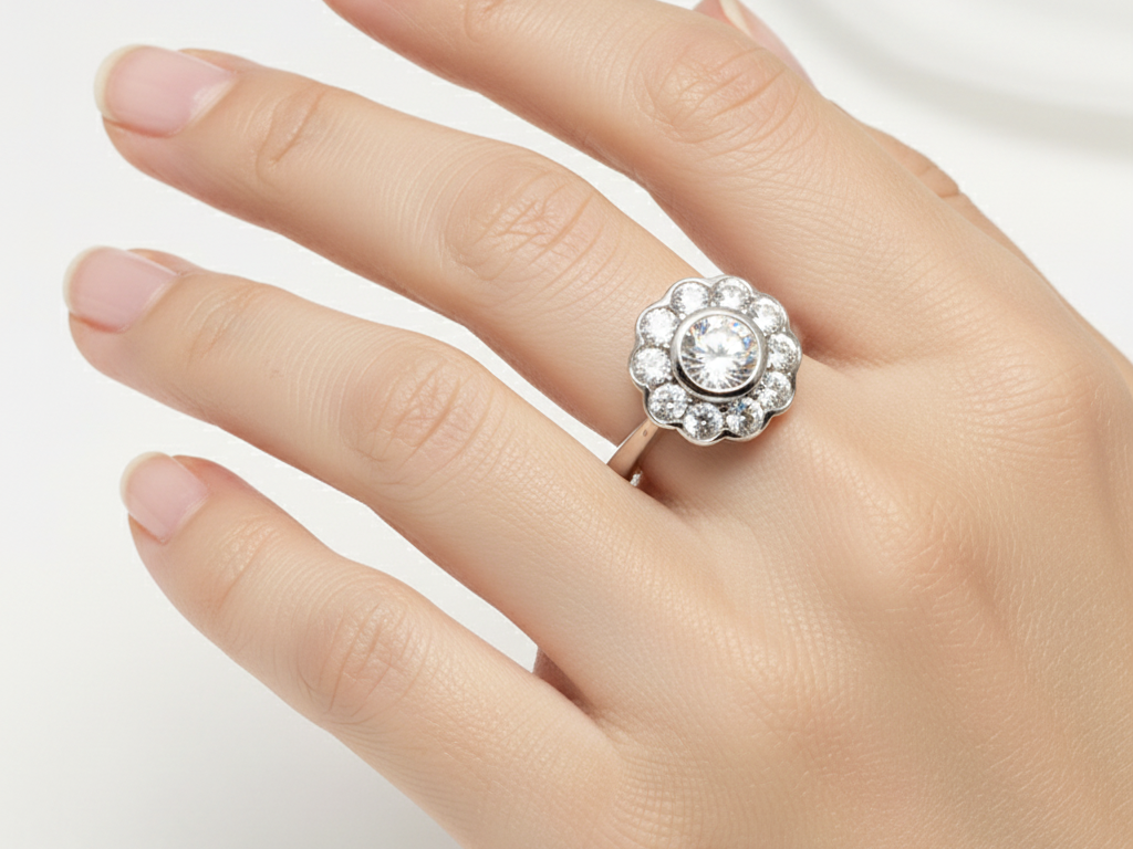 A White Cubic Zirconia Silver Flower Design Ring
