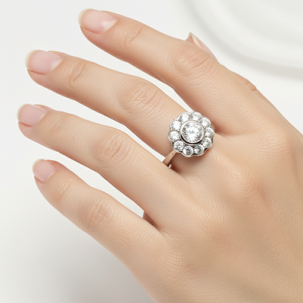 A White Cubic Zirconia Silver Flower Design Ring