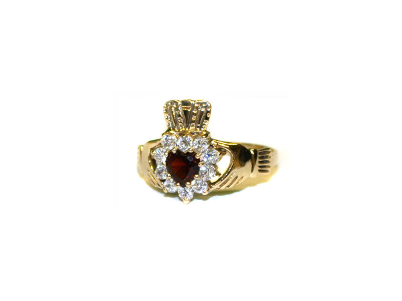 9CT Yellow Gold Garnet Cz Claddagh Ring