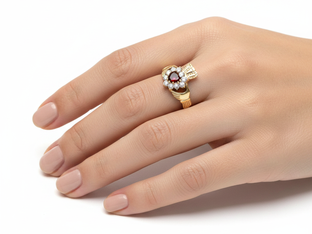 9CT Yellow Gold Garnet Cz Claddagh Ring