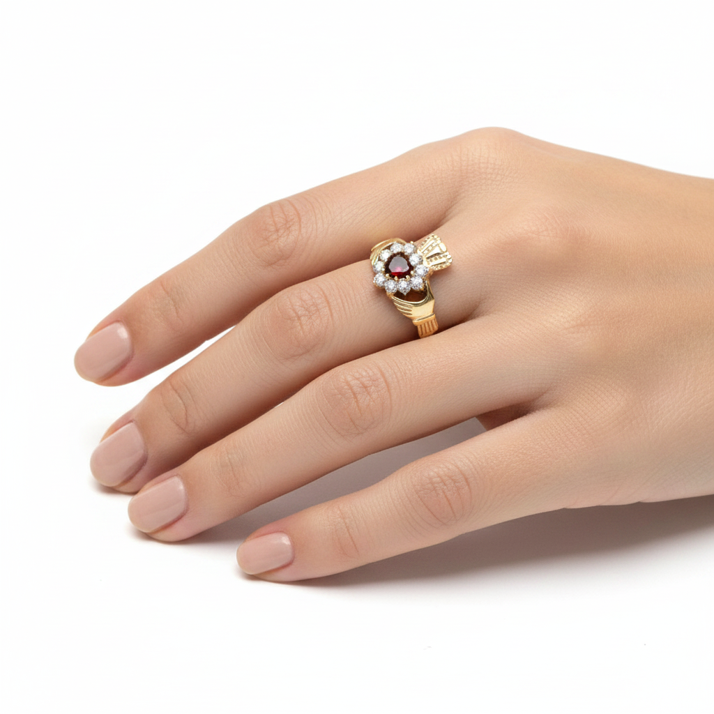 9CT Yellow Gold Garnet Cz Claddagh Ring
