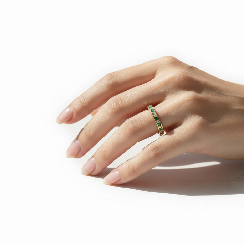 9ct Yellow Gold Emerald with Diamond Ring.