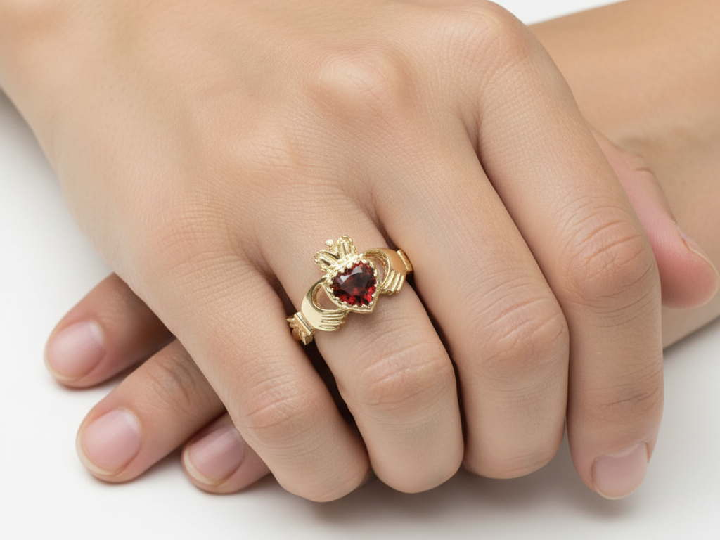 9 CT Yellow Gold Garnet Cz Claddagh Ring