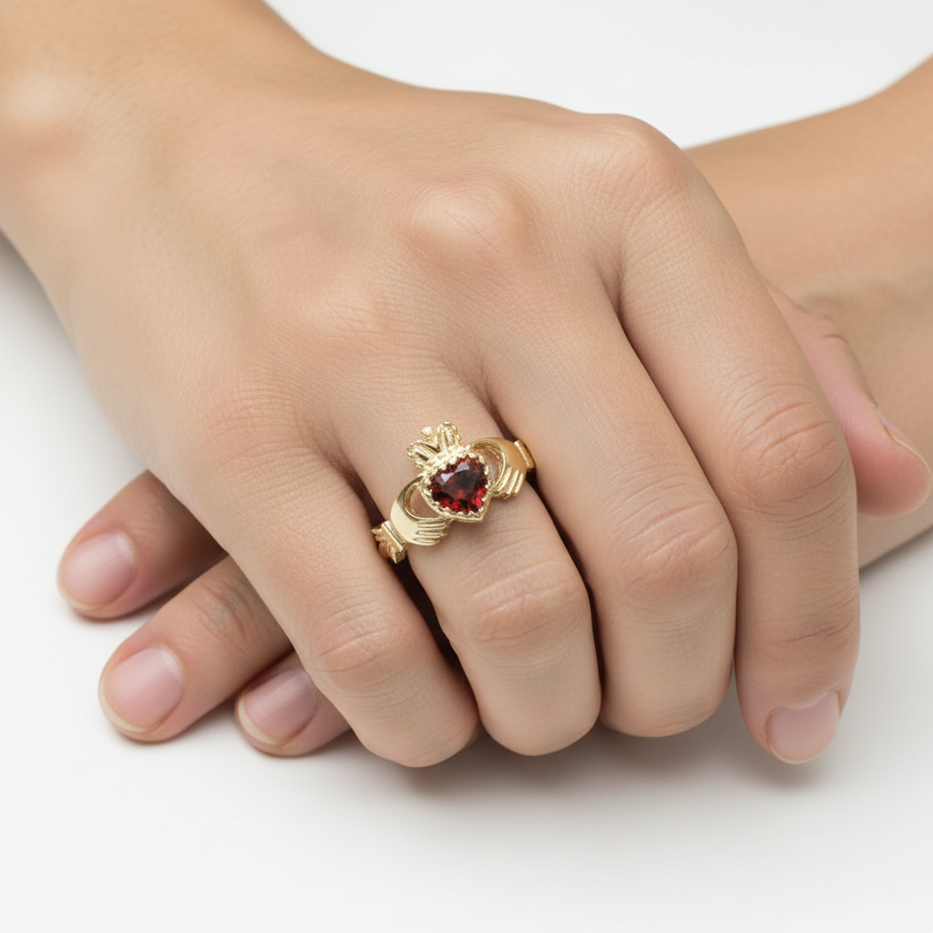 9 CT Yellow Gold Garnet Cz Claddagh Ring