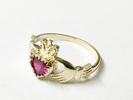 9 CT Yellow Gold Ruby Cz Claddagh Ring