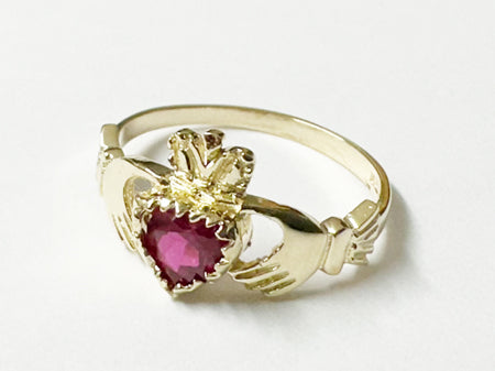 9 CT Yellow Gold Ruby Cz Claddagh Ring