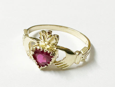 9 CT Yellow Gold Ruby Cz Claddagh Ring