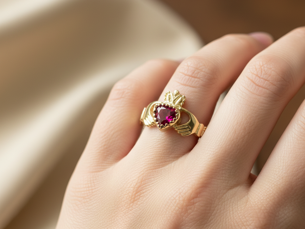 9 CT Yellow Gold Ruby Cz Claddagh Ring