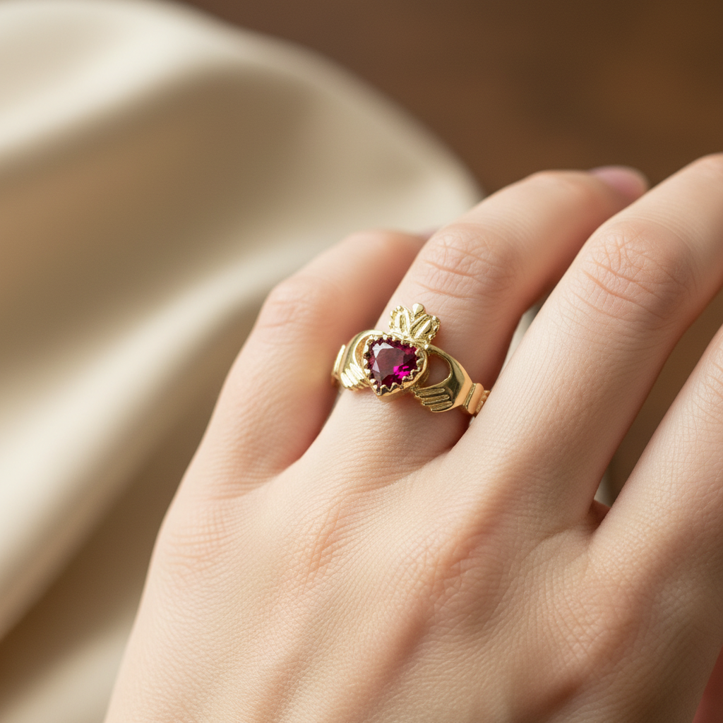 9 CT Yellow Gold Ruby Cz Claddagh Ring