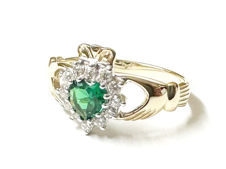 9CT Yellow Gold Emerald And White Cz Stone Set Cluster Claddagh Ring