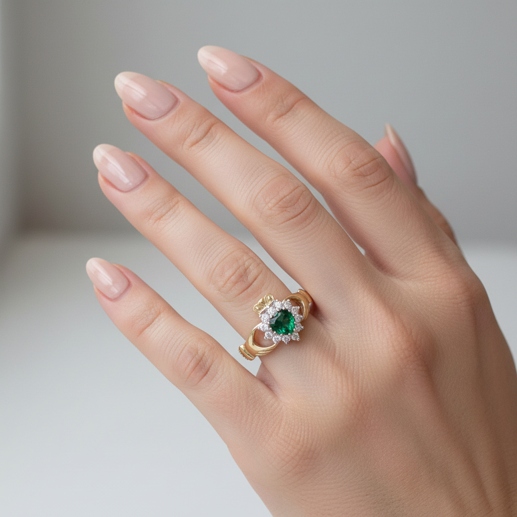 9CT Yellow Gold Emerald And White Cz Stone Set Cluster Claddagh Ring