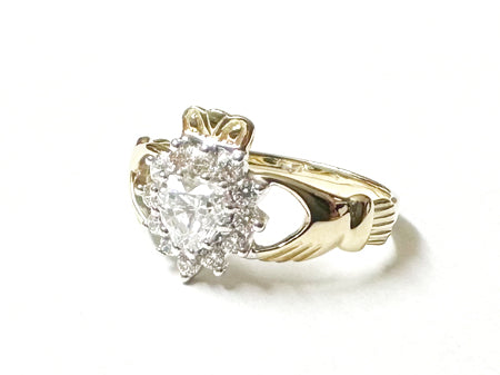 9CT Yellow Gold White Cz Stone Set Cluster Claddagh Ring