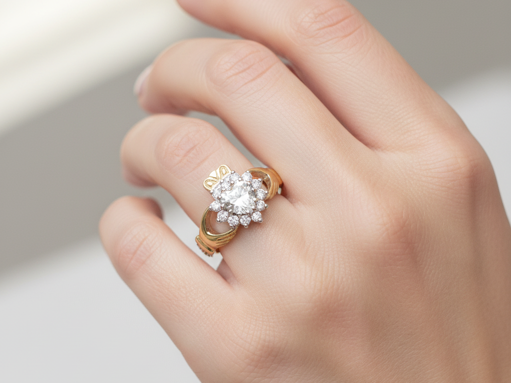 9CT Yellow Gold White Cz Stone Set Cluster Claddagh Ring