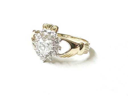 9CT Yellow Gold White Cz Stone Set Cluster Claddagh Ring