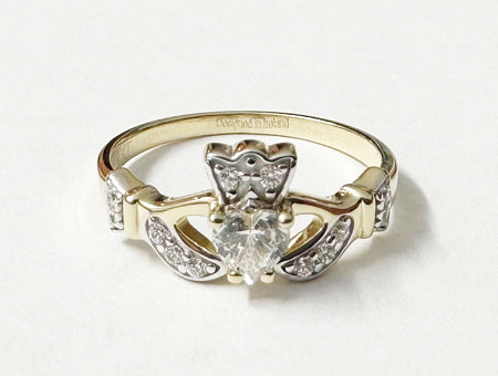 9 CT Yellow Gold White Cz Claddagh Ring