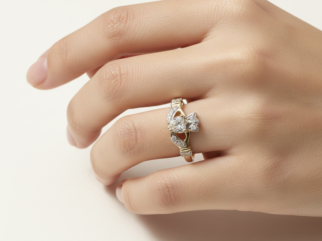 9 CT Yellow Gold White Cz Claddagh Ring