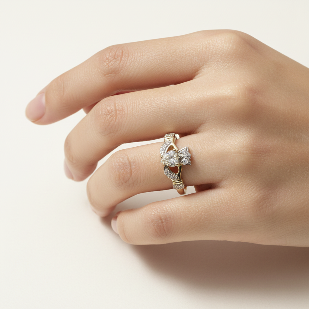 9 CT Yellow Gold White Cz Claddagh Ring