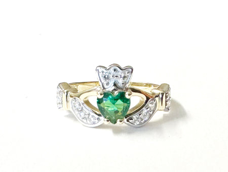 9 CT Yellow Gold Green & White Cz Claddagh Ring