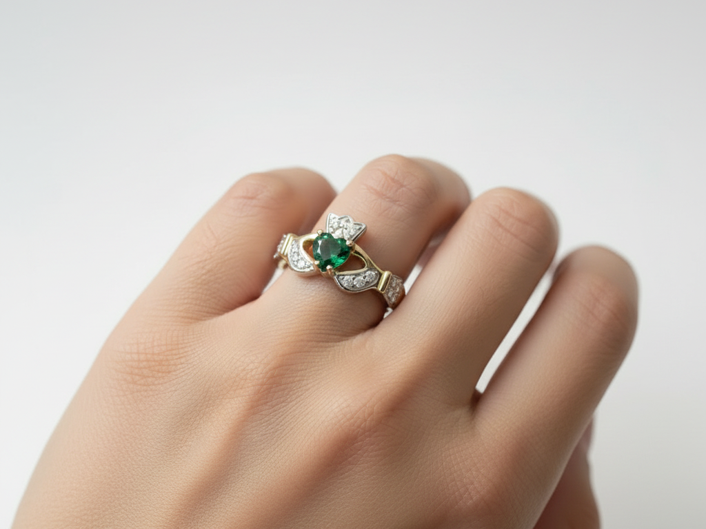 9 CT Yellow Gold Green & White Cz Claddagh Ring