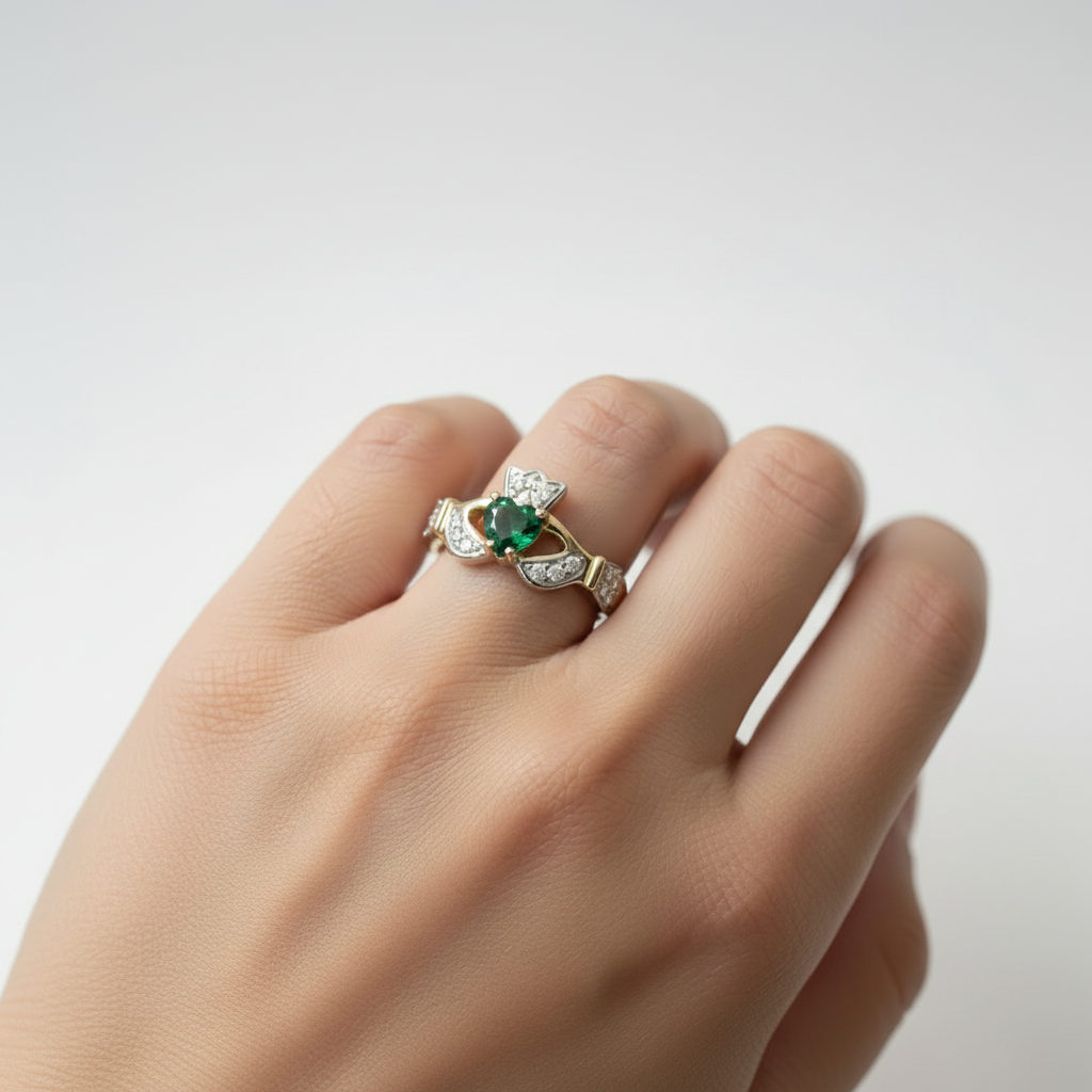 9 CT Yellow Gold Green & White Cz Claddagh Ring