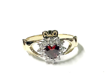 9CT Yellow Gold Garnet Cz Claddagh Ring