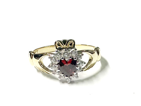 9CT Yellow Gold Garnet Cz Claddagh Ring