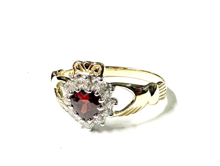 9CT Yellow Gold Garnet Cz Claddagh Ring