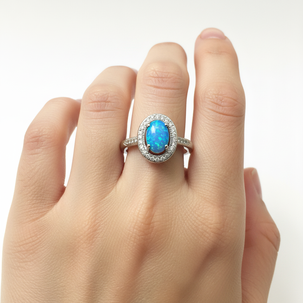 A Blue Opal And White Cubic Zirconia Ring