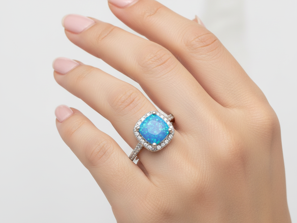 A Blue Opal And White Cubic Zirconia Ring