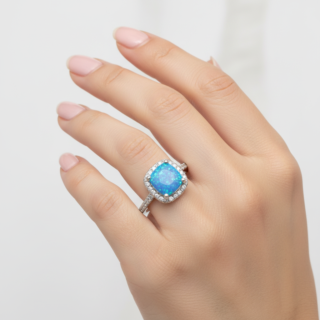 A Blue Opal And White Cubic Zirconia Ring