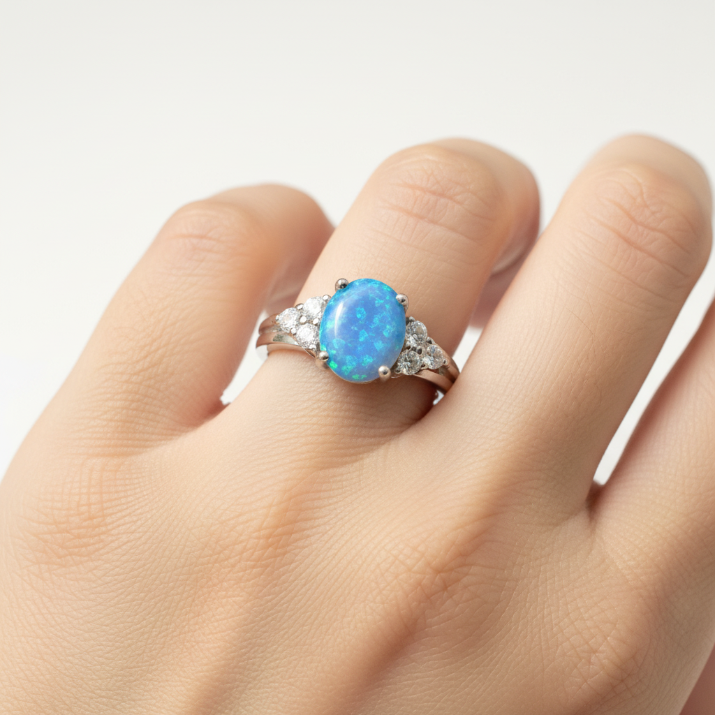 A Blue Opal And White Cubic Zirconia Ring
