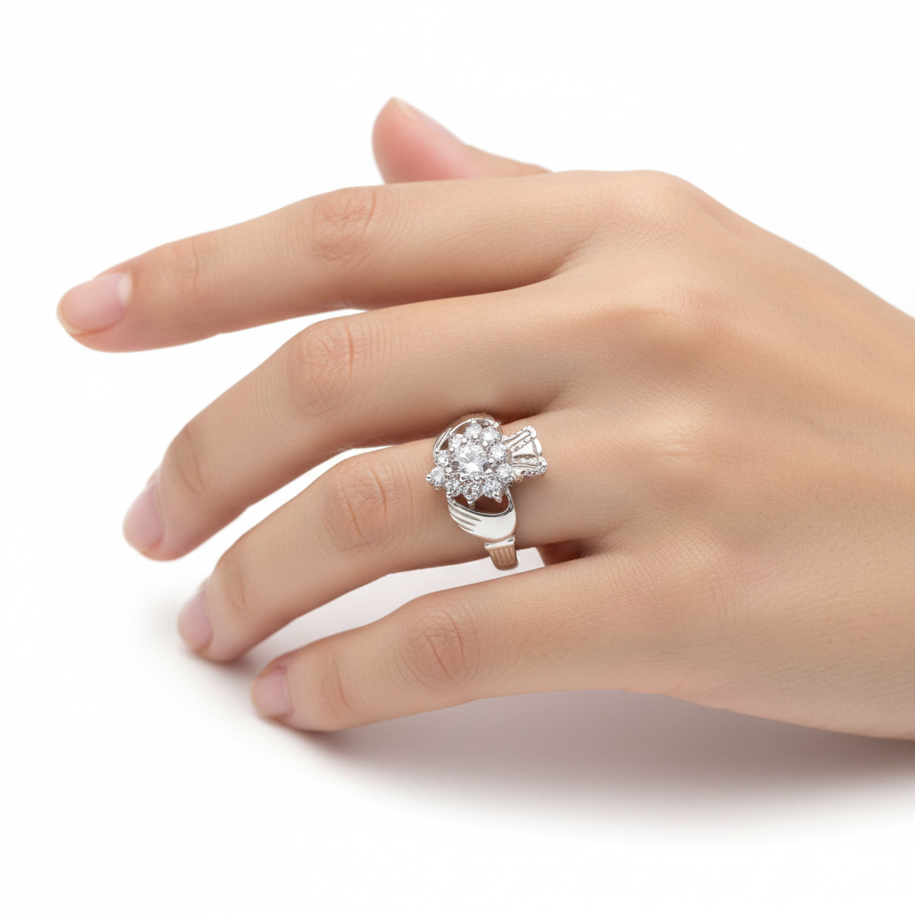 9ct White Gold Claddagh Ring.