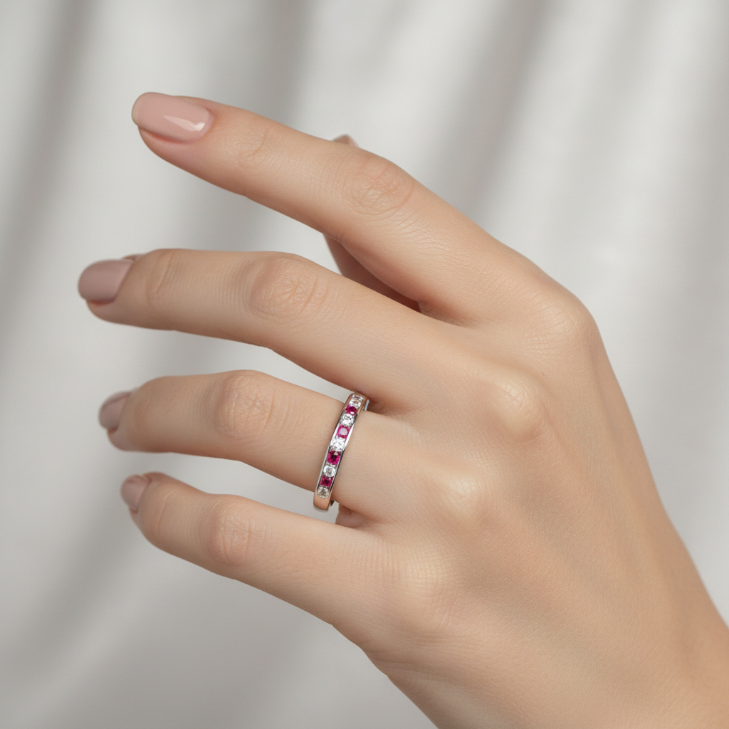 9ct White Gold Ruby with Diamond Ring.