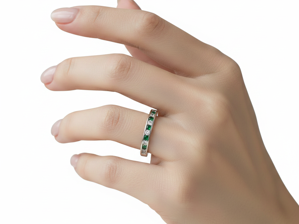 9ct White Gold Emerald with Diamond Ring.