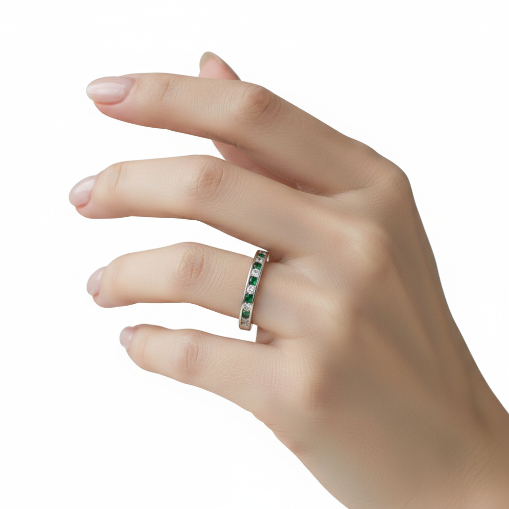 9ct White Gold Emerald with Diamond Ring.