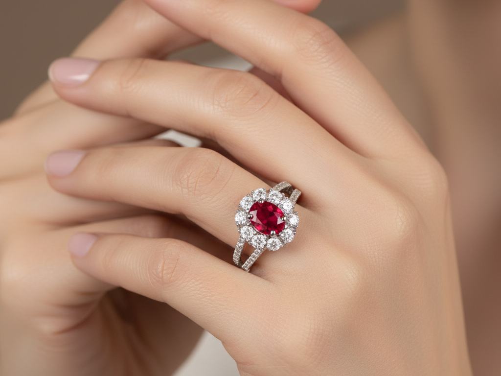 9ct White Gold Ruby Cz Ring.
