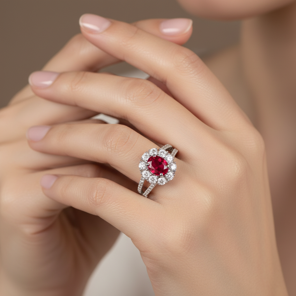 9ct White Gold Ruby Cz Ring.