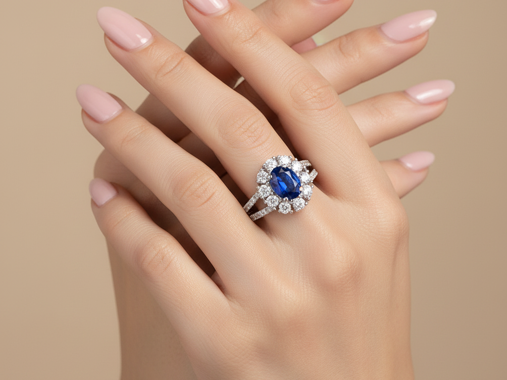 9ct White Gold Sapphire Cz Ring.