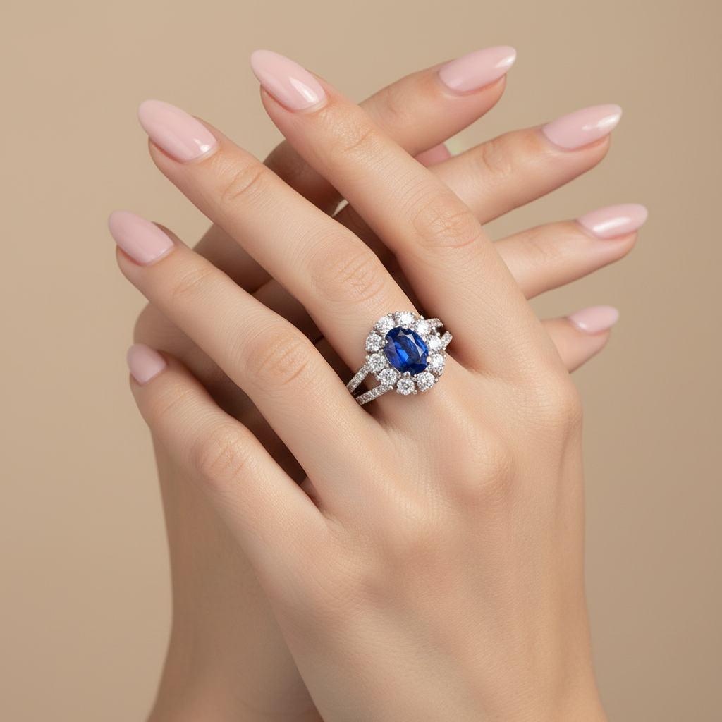 9ct White Gold Sapphire Cz Ring.