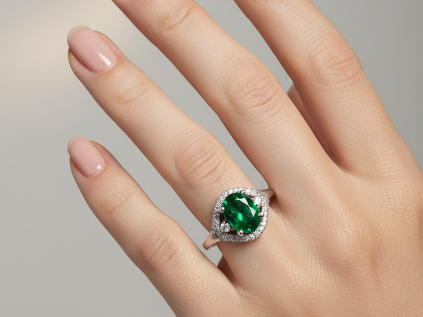 9ct White Gold Emerald Cz Ring.