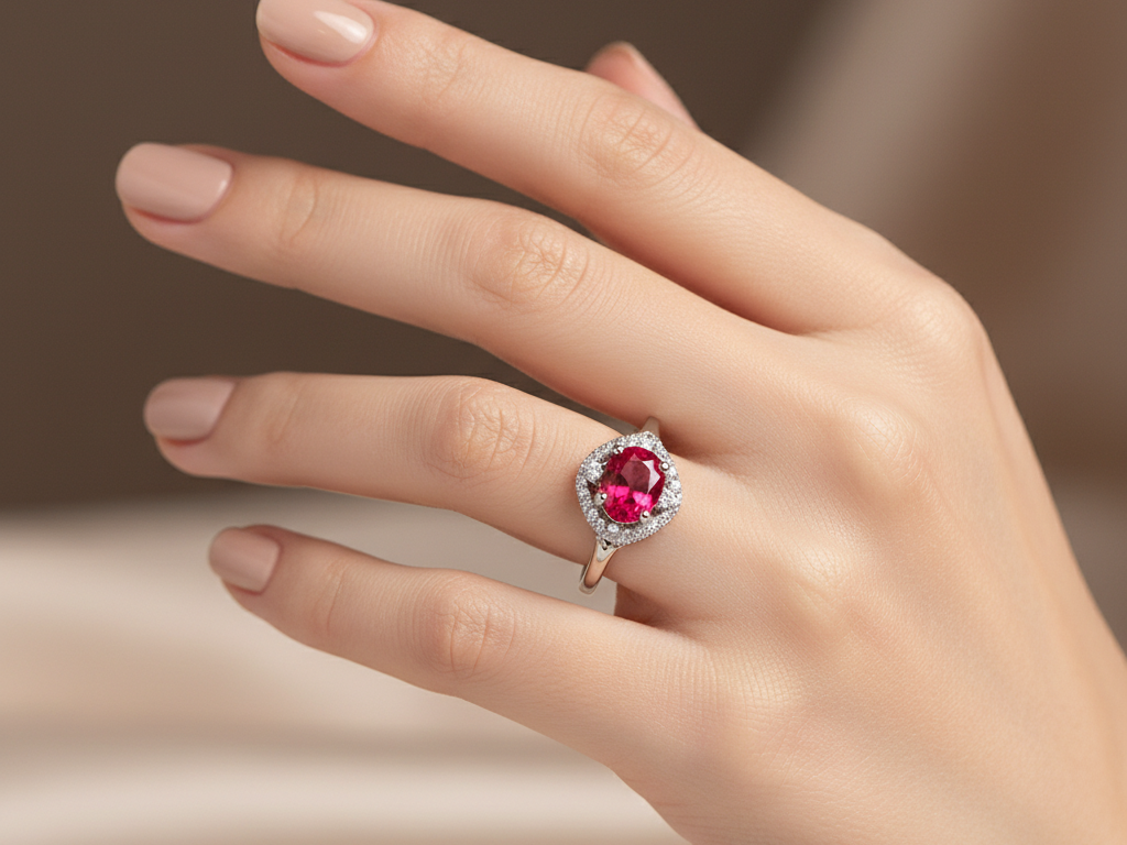 9ct White Gold Ruby Cz Ring.