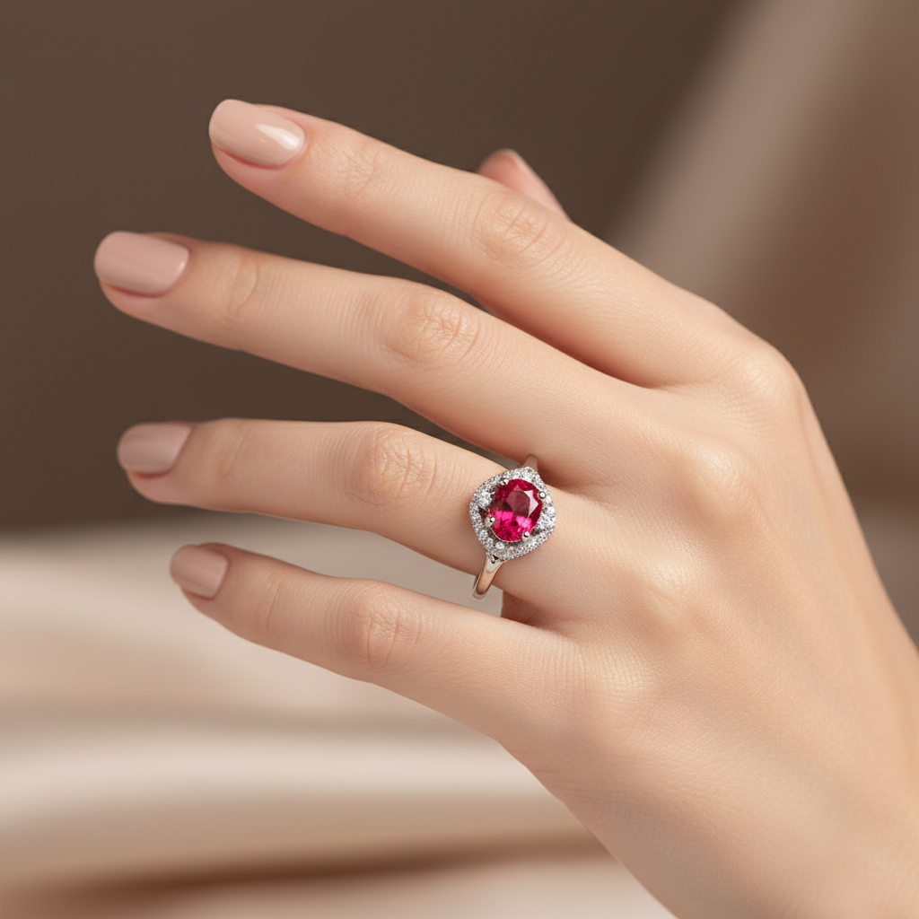 9ct White Gold Ruby Cz Ring.