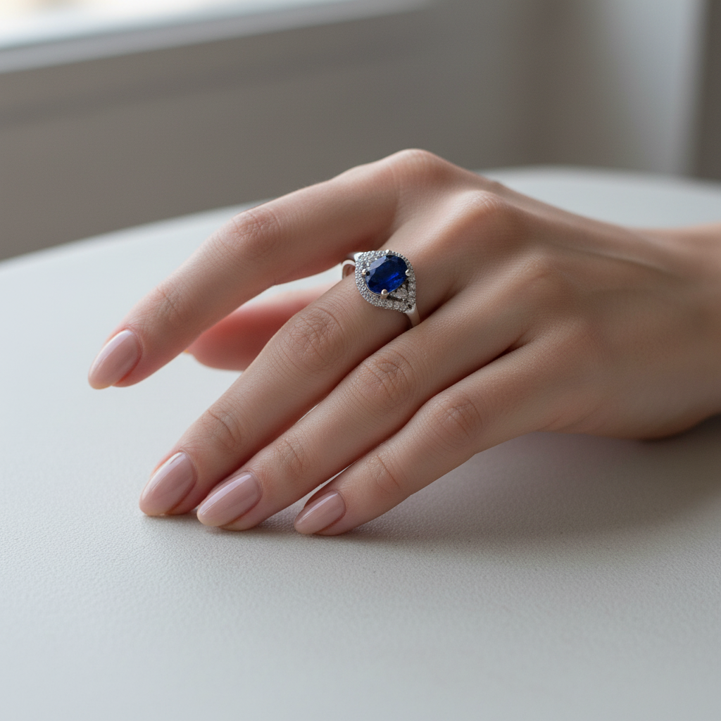 9ct White Gold Sapphire Cz Ring.