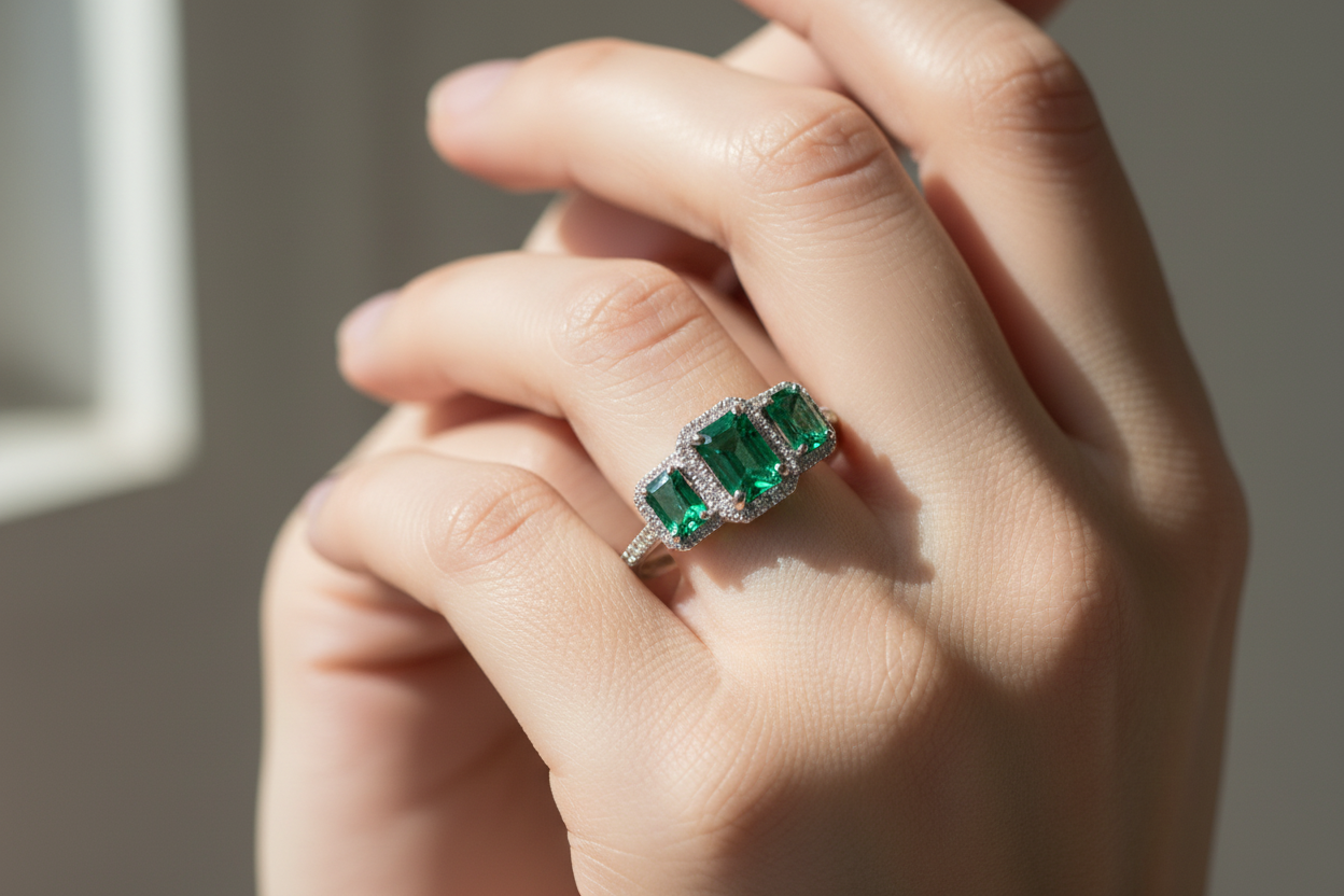 A 9ct White Gold Emerald Cz Ring.