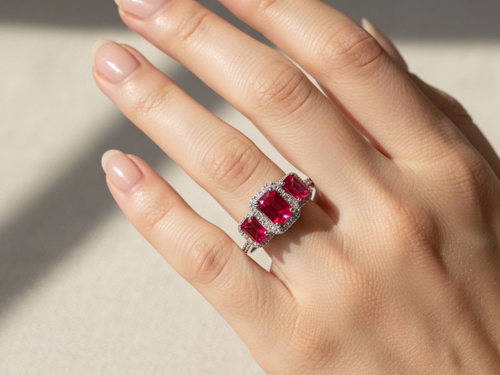 A 9ct White Gold Ruby Cz Ring.