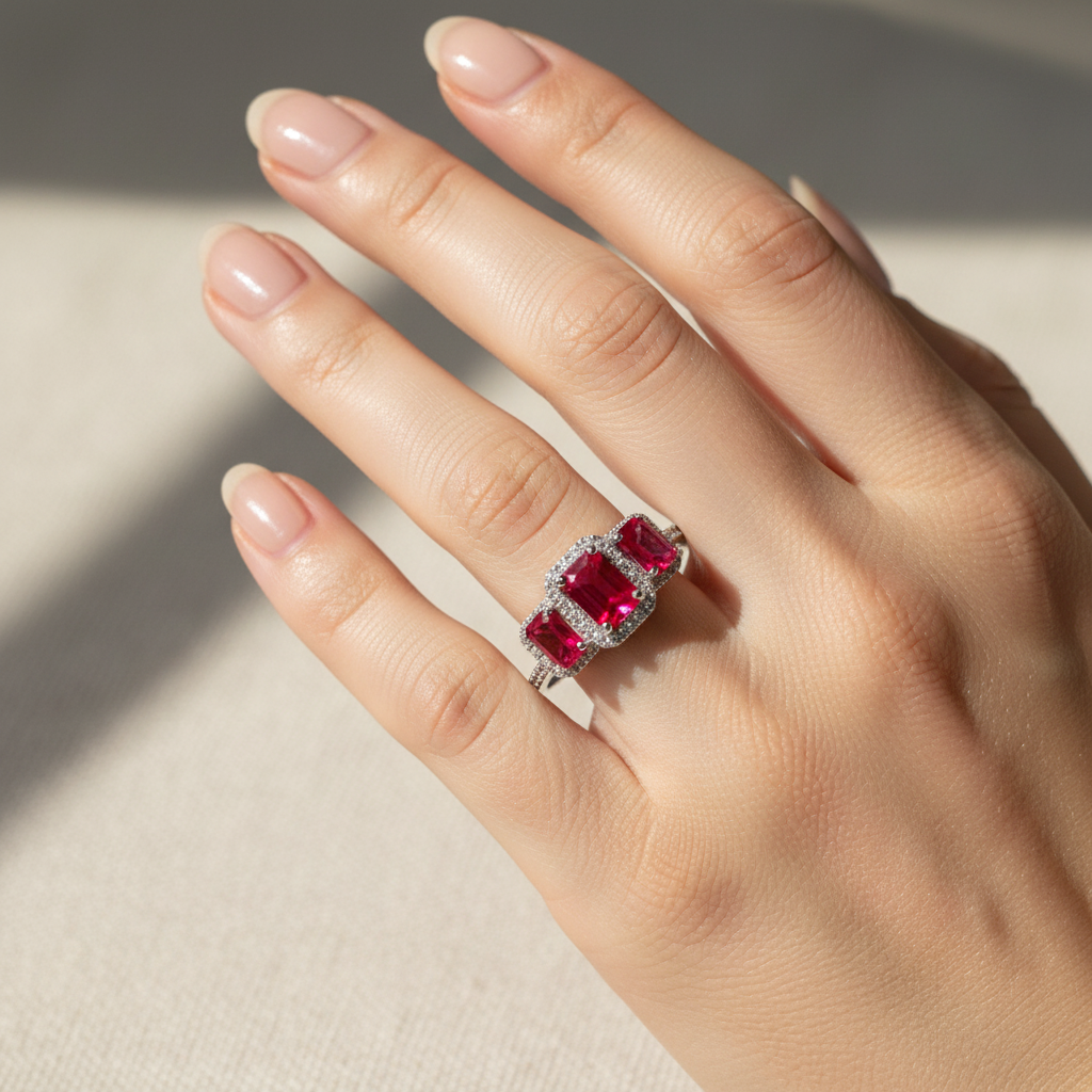 A 9ct White Gold Ruby Cz Ring.