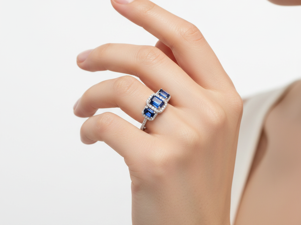 A 9ct White Gold Sapphire Cz Ring.