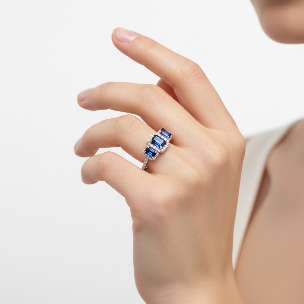 A 9ct White Gold Sapphire Cz Ring.