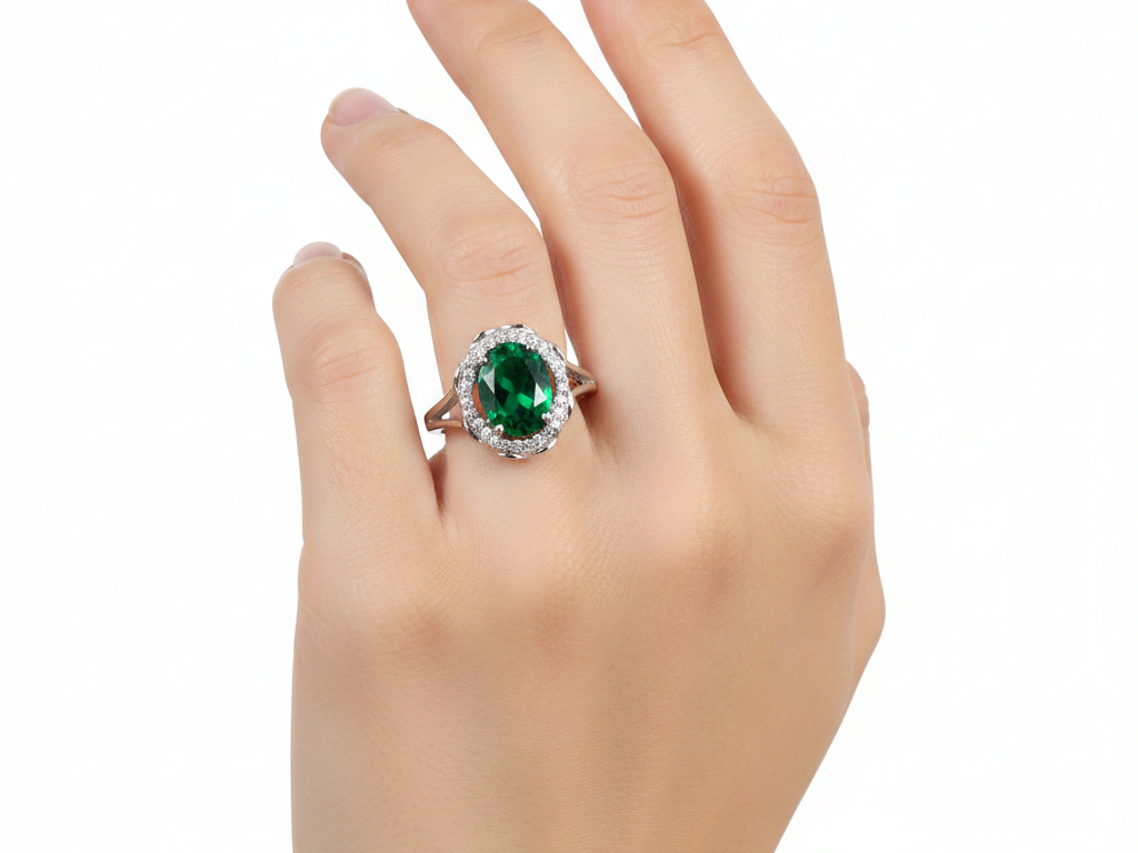 A 9ct White Gold Emerald Cz Ring.